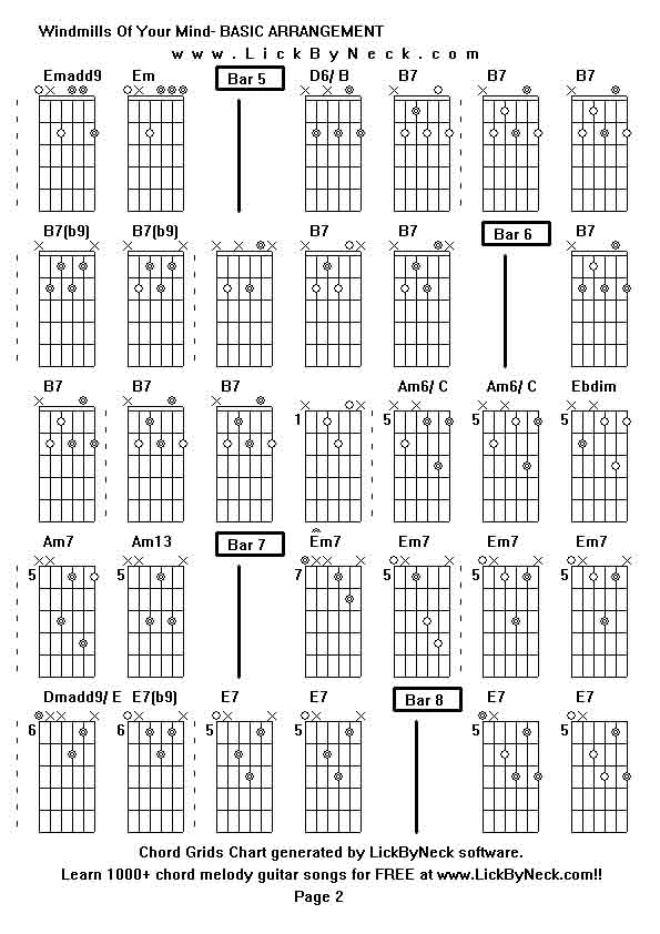 Chord Grids Chart of chord melody fingerstyle guitar song-Windmills Of Your Mind- BASIC ARRANGEMENT,generated by LickByNeck software.